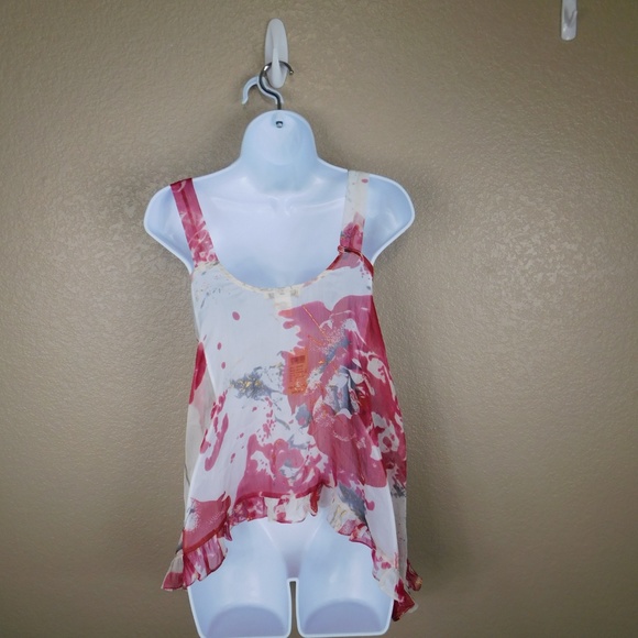 NWT Arden B Sheer Red Floral Ruffle Blouse - Picture 2 of 4